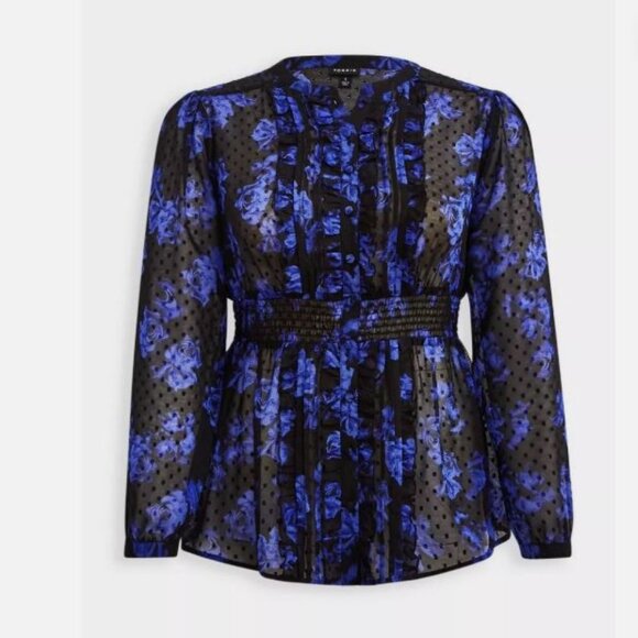 Torrid Black Blue Floral Print Ruffle Size 4x Long Sleeve Button Front Closure - Picture 1 of 9